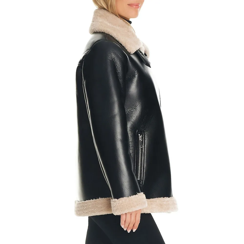 Sanctuary Faux Shearling-Trimmed Vegan Leather Moto Jacket