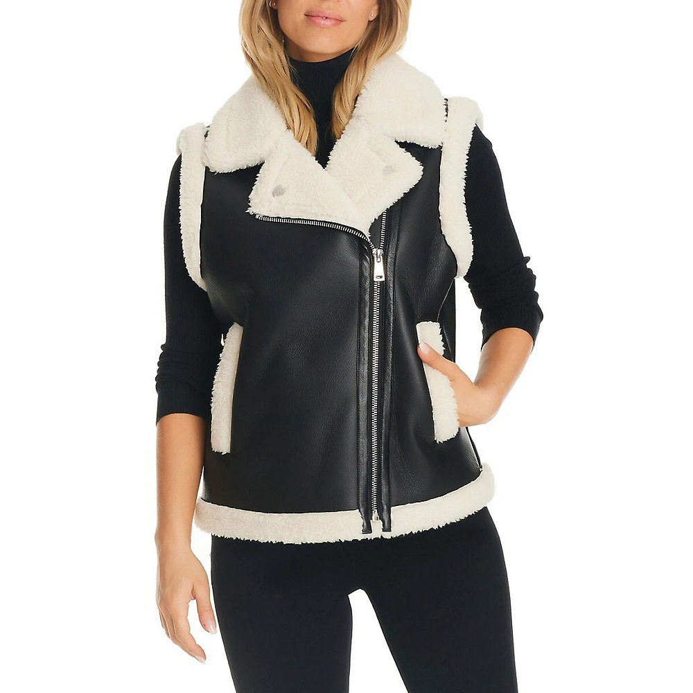 Sanctuary Faux Shearling-Trimmed Vegan Leather Moto Vest