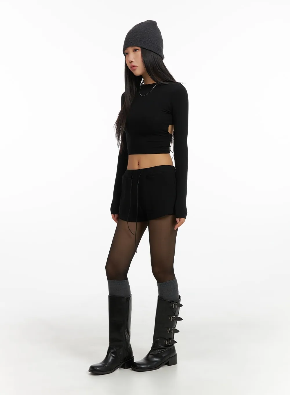 Solid Back Drawstring Cropped Long Sleeve CM408