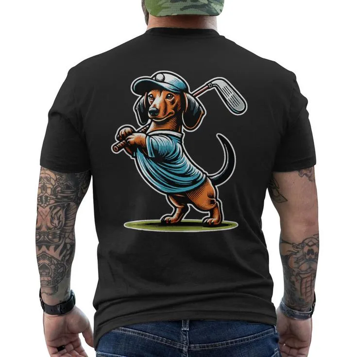 Standing Dachshund Wiener Dog Swinging Golf Club Men's T-shirt Back Print