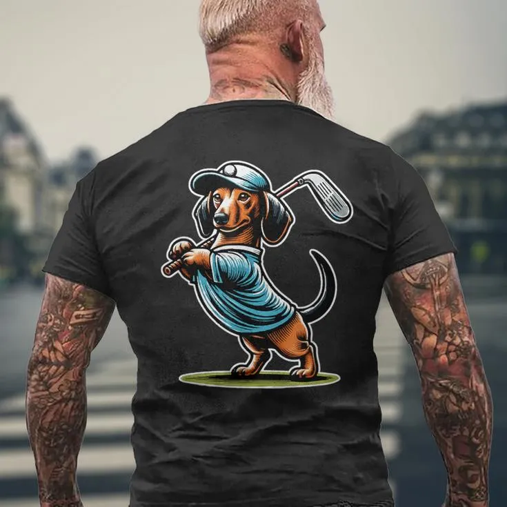 Standing Dachshund Wiener Dog Swinging Golf Club Men's T-shirt Back Print