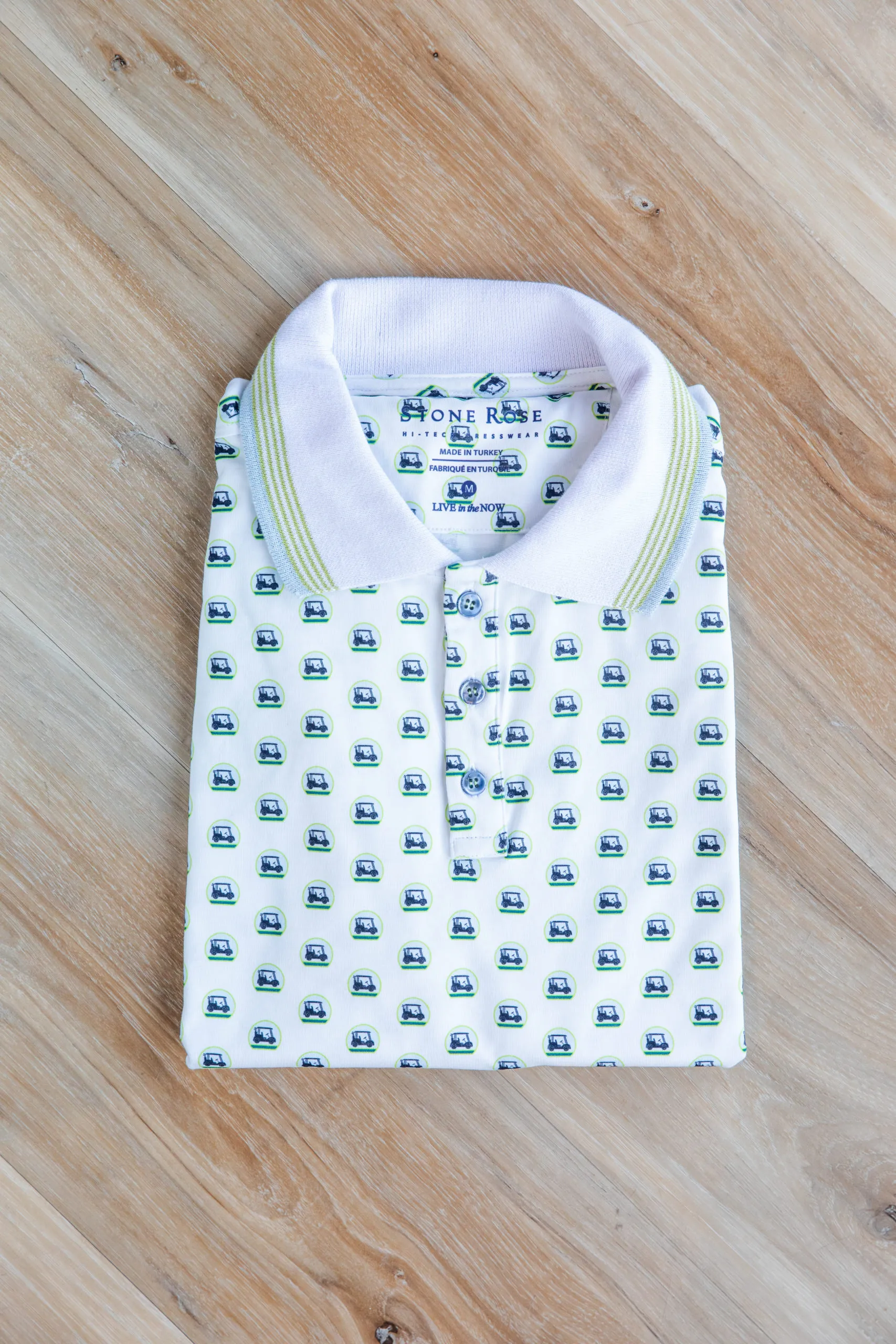 STONE ROSE White Golf Cart Print Rib Collar Polo