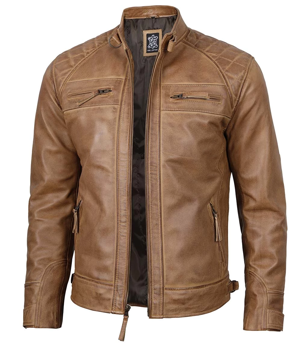 Tall Men's Distressed Camel Brown Cafe Racer Leather Jacket