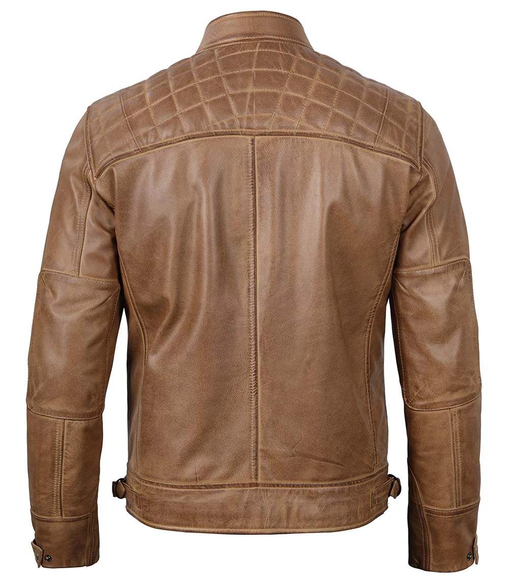 Tall Men's Distressed Camel Brown Cafe Racer Leather Jacket