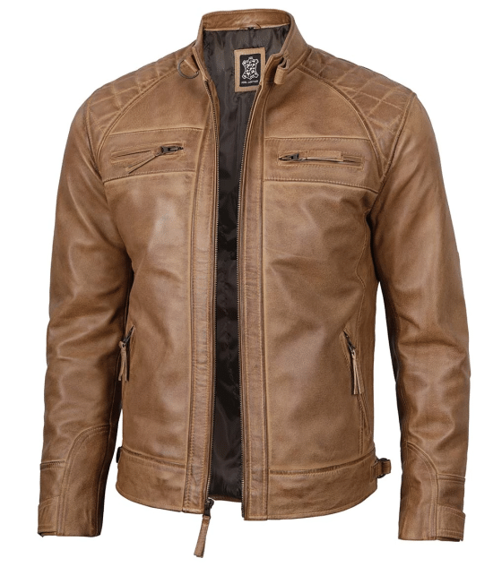 Tall Men's Distressed Camel Brown Cafe Racer Leather Jacket