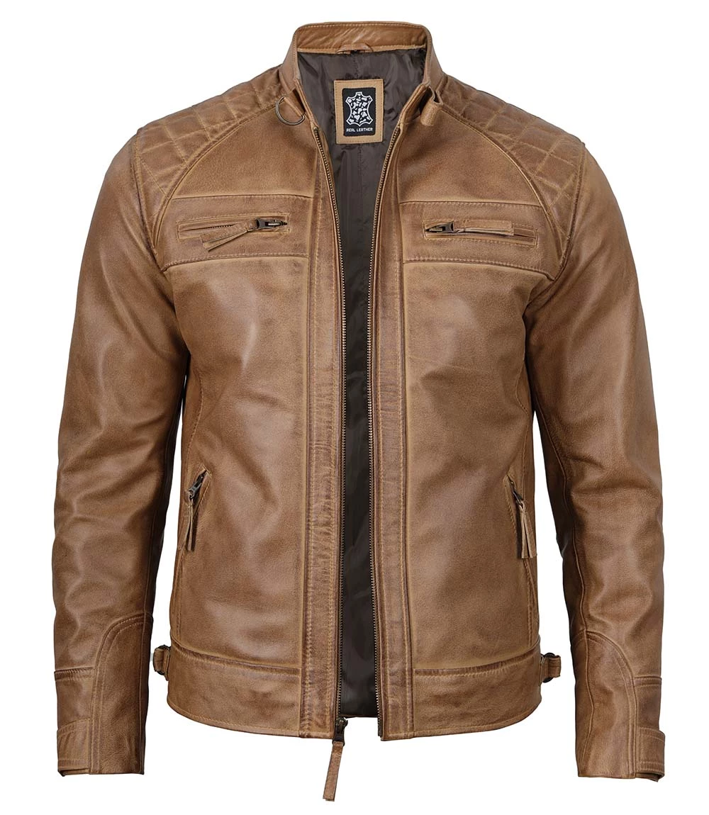 Tall Men's Distressed Camel Brown Cafe Racer Leather Jacket