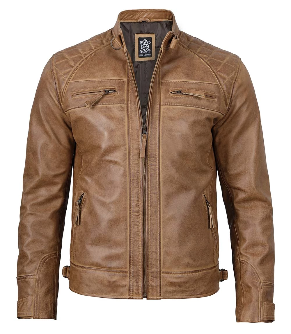 Tall Men's Distressed Camel Brown Cafe Racer Leather Jacket