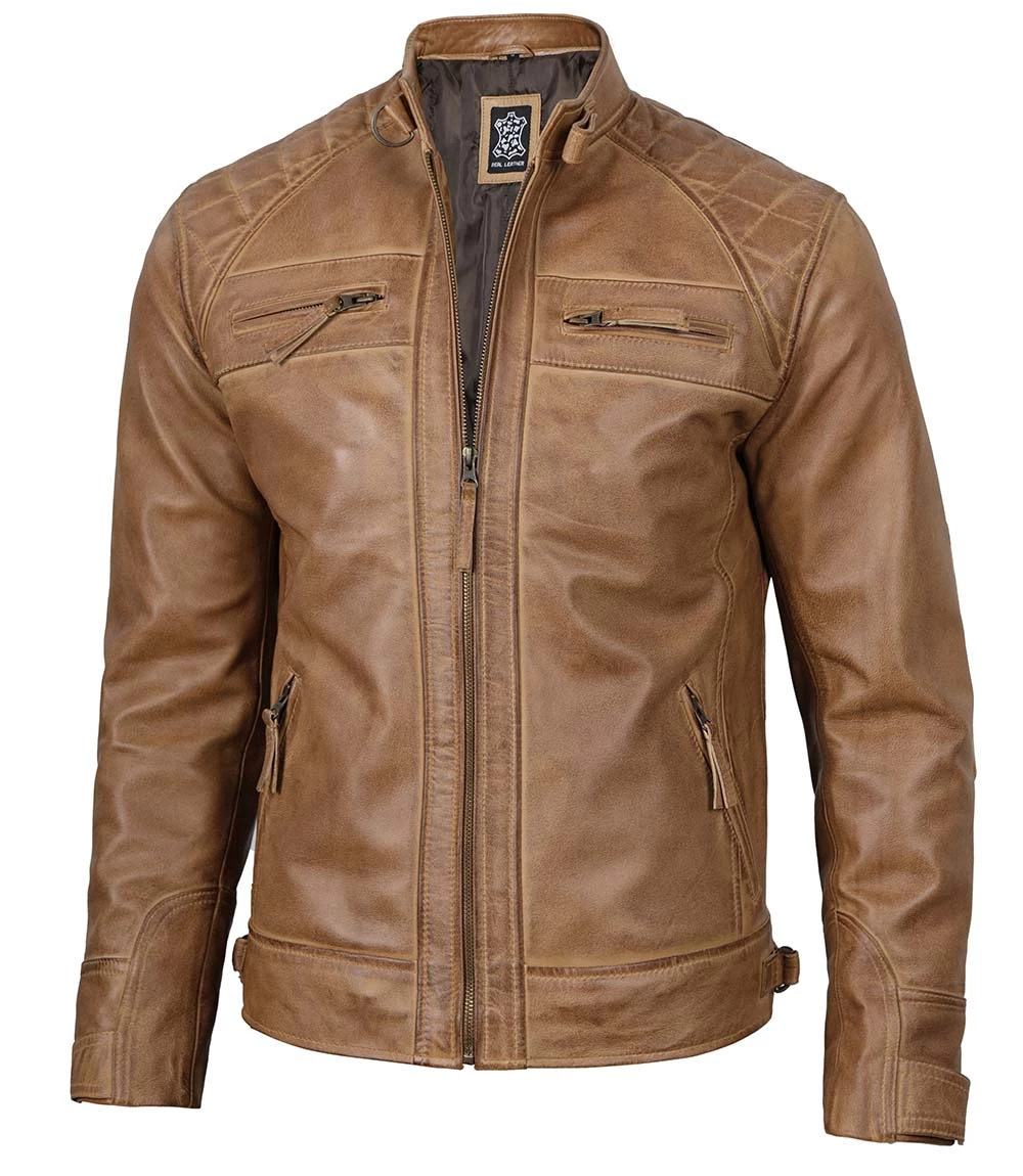 Tall Men's Distressed Camel Brown Cafe Racer Leather Jacket