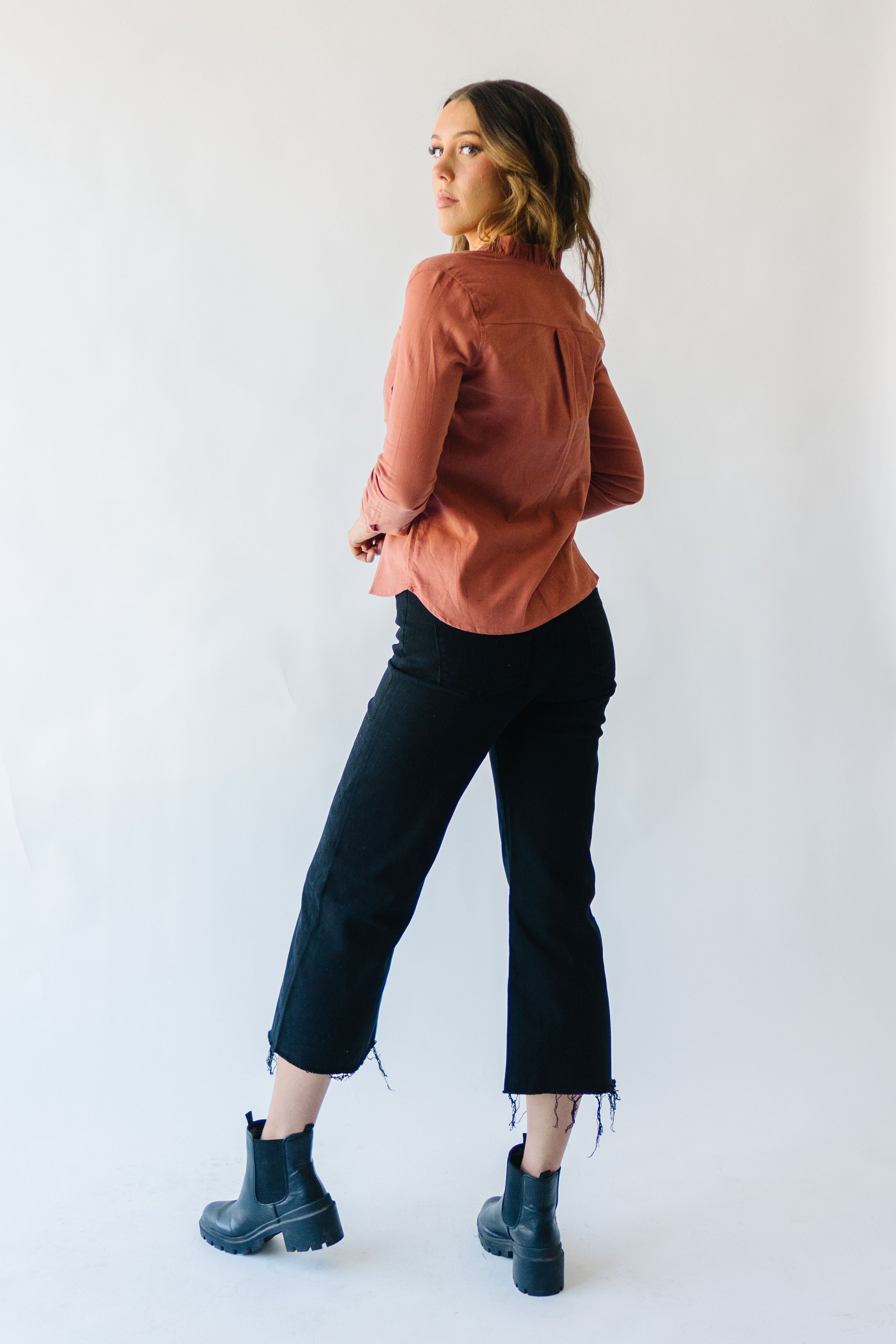 The Alexia Ruffle Collar Shacket in Rust