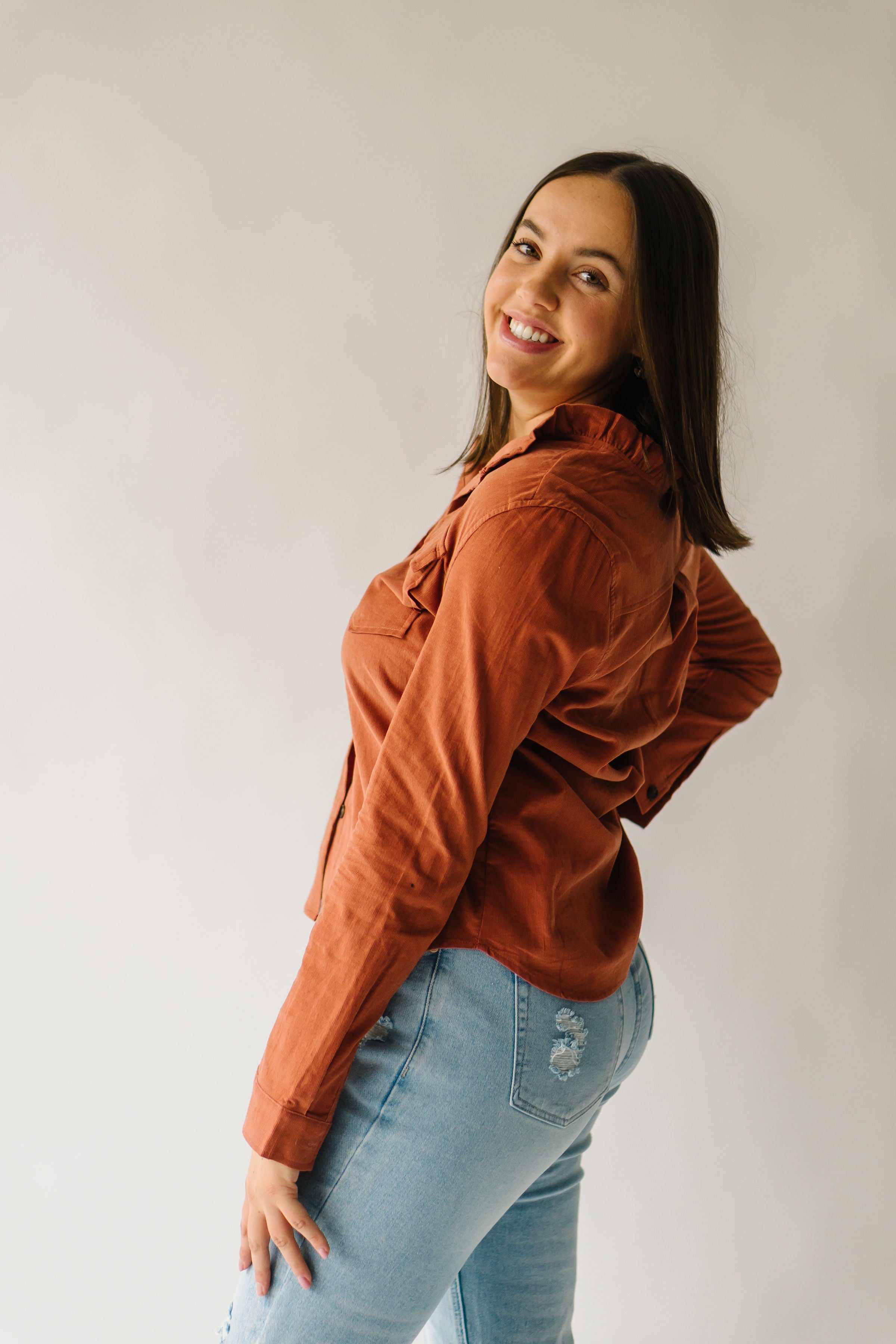 The Alexia Ruffle Collar Shacket in Rust