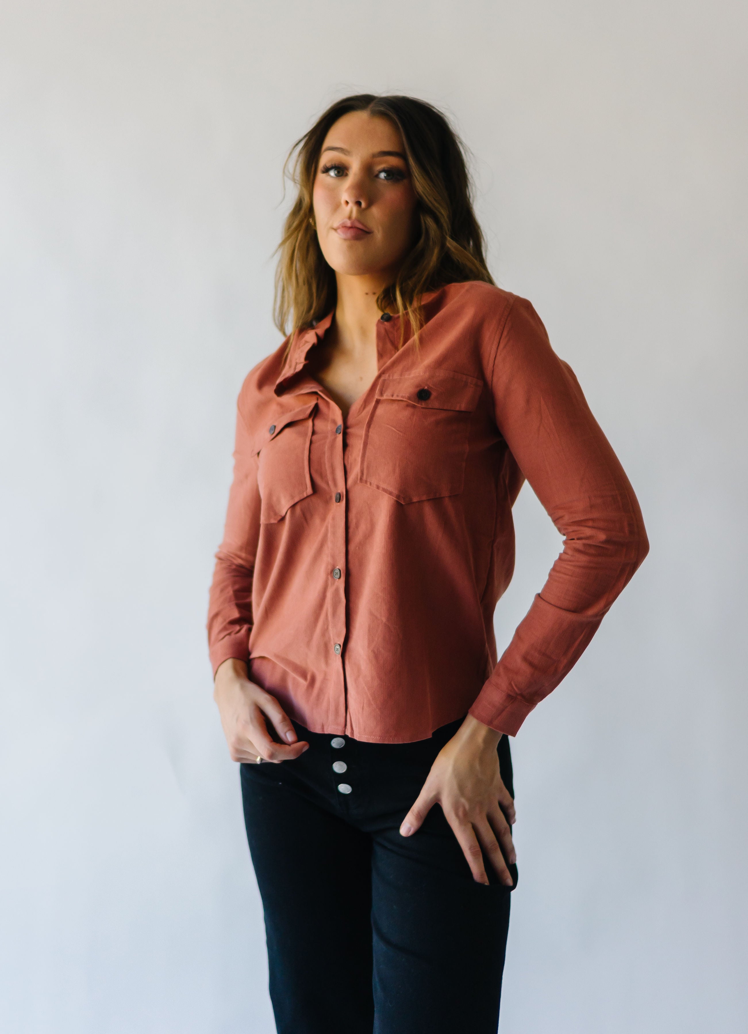 The Alexia Ruffle Collar Shacket in Rust