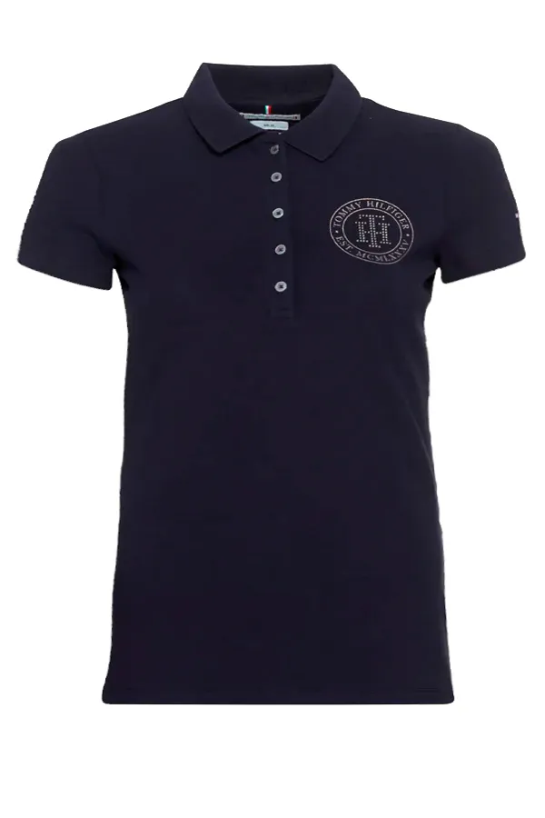 Tommy Hilfiger Women Crystal TH Logo Polo Navy