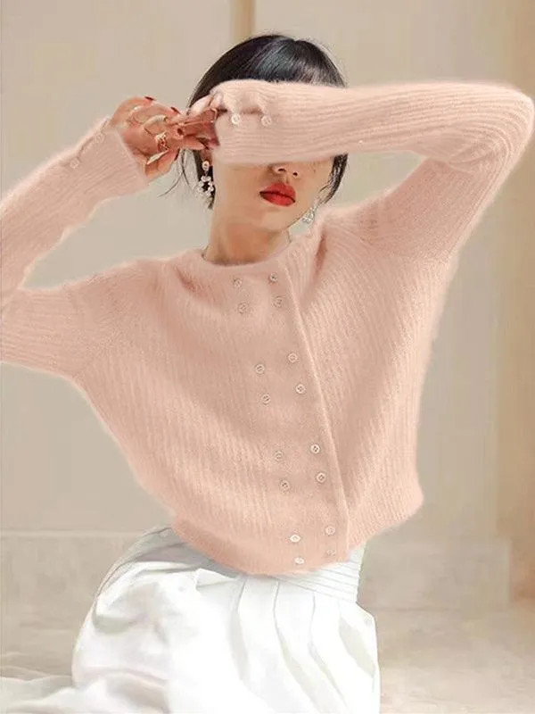 Urban Long Sleeves Buttoned Solid Color Round-Neck Cardigan Tops