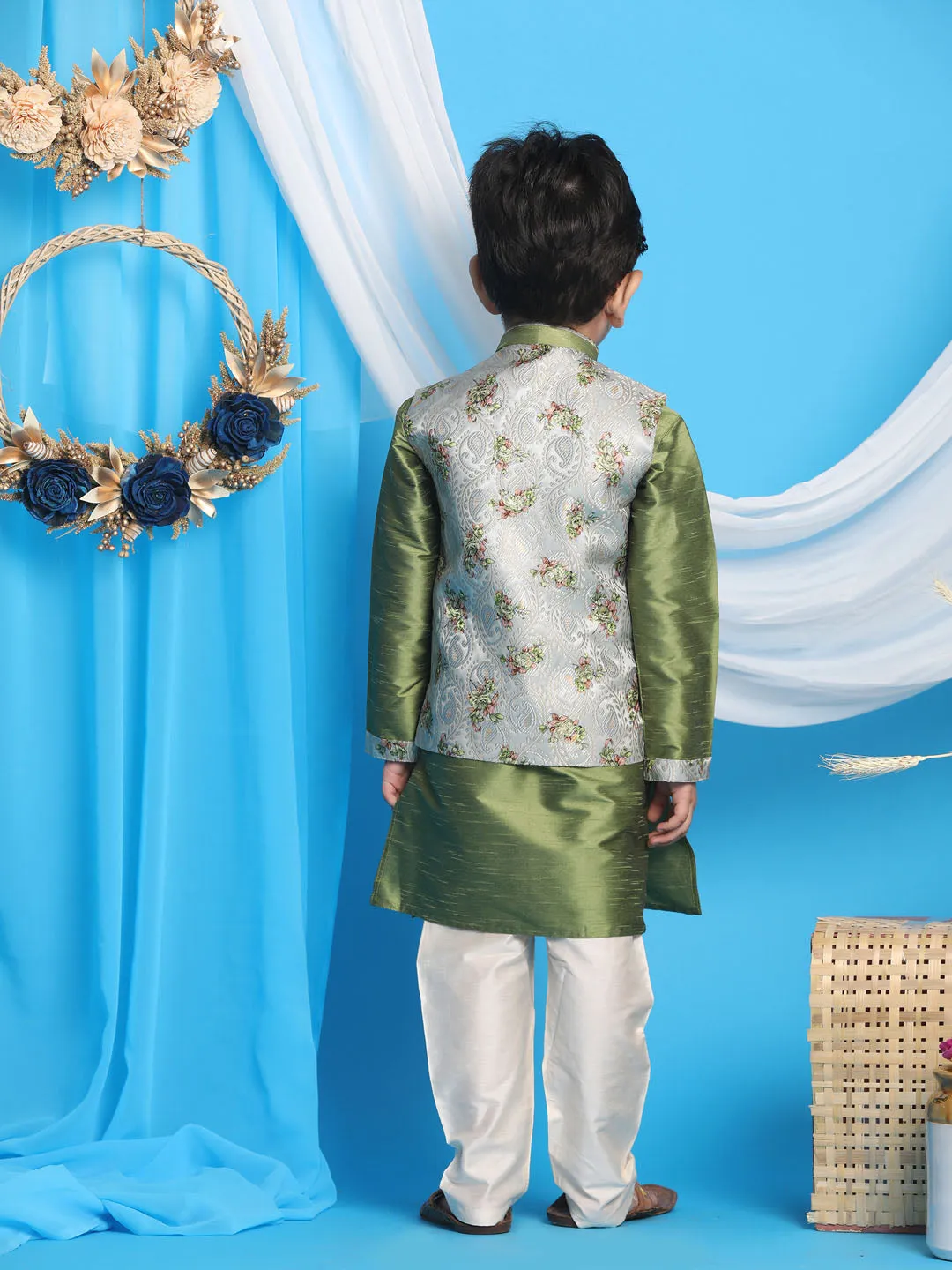 VASTRAMAY Baap Beta Silk Blend Green Jacket With Kurta Pyjama Set