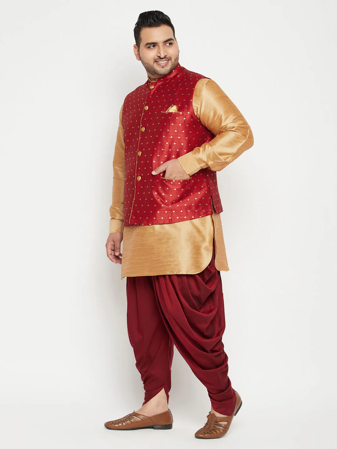 VASTRAMAY Men's Plus Size Rose Gold Zari Weaved Nehru Jacket With Curved Kurta Dhoti set