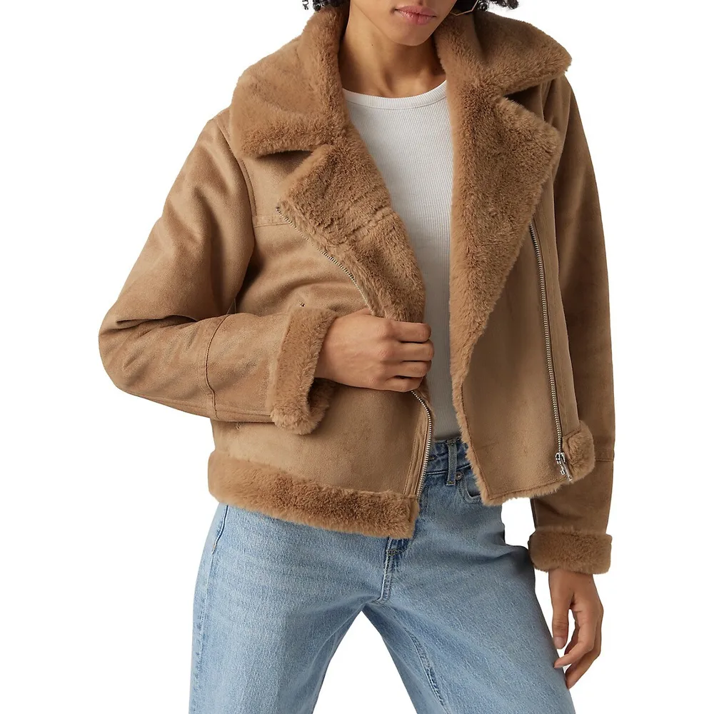 VERO MODA Peggy Faux Suede and Shearling Moto Jacket