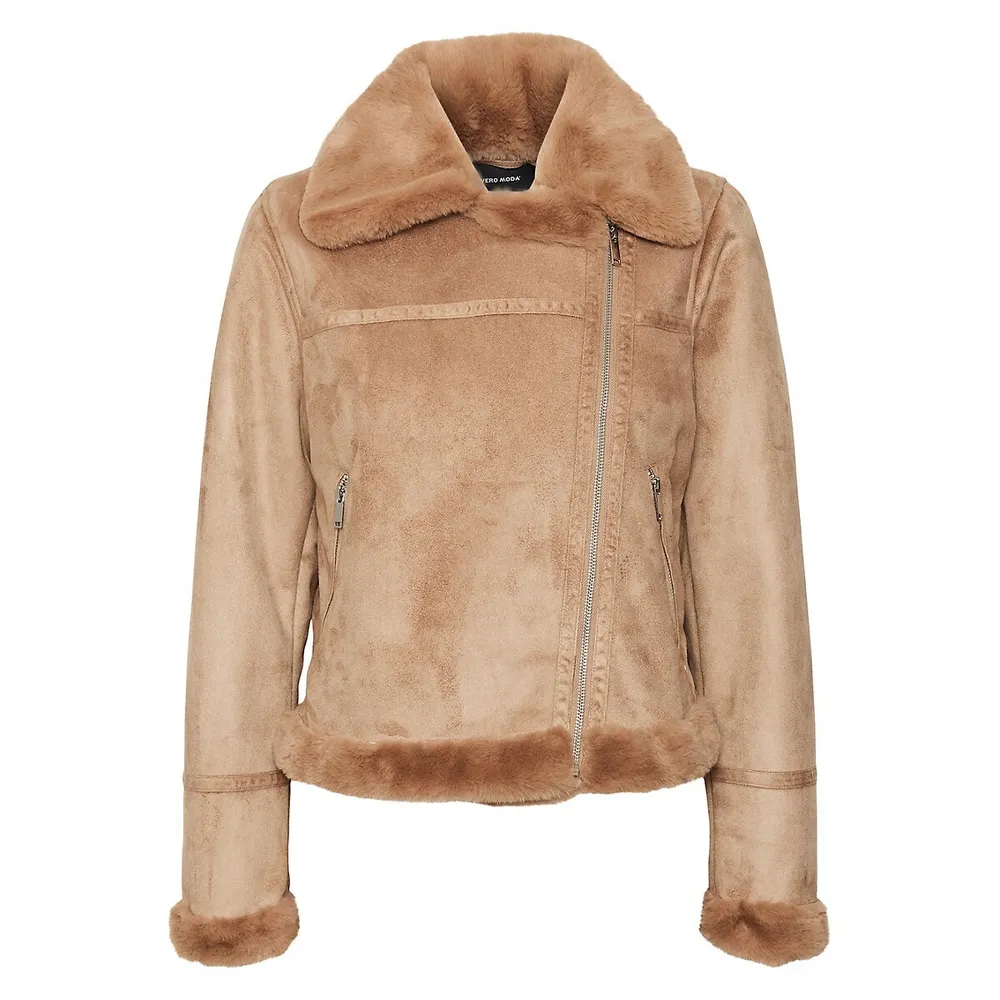 VERO MODA Peggy Faux Suede and Shearling Moto Jacket