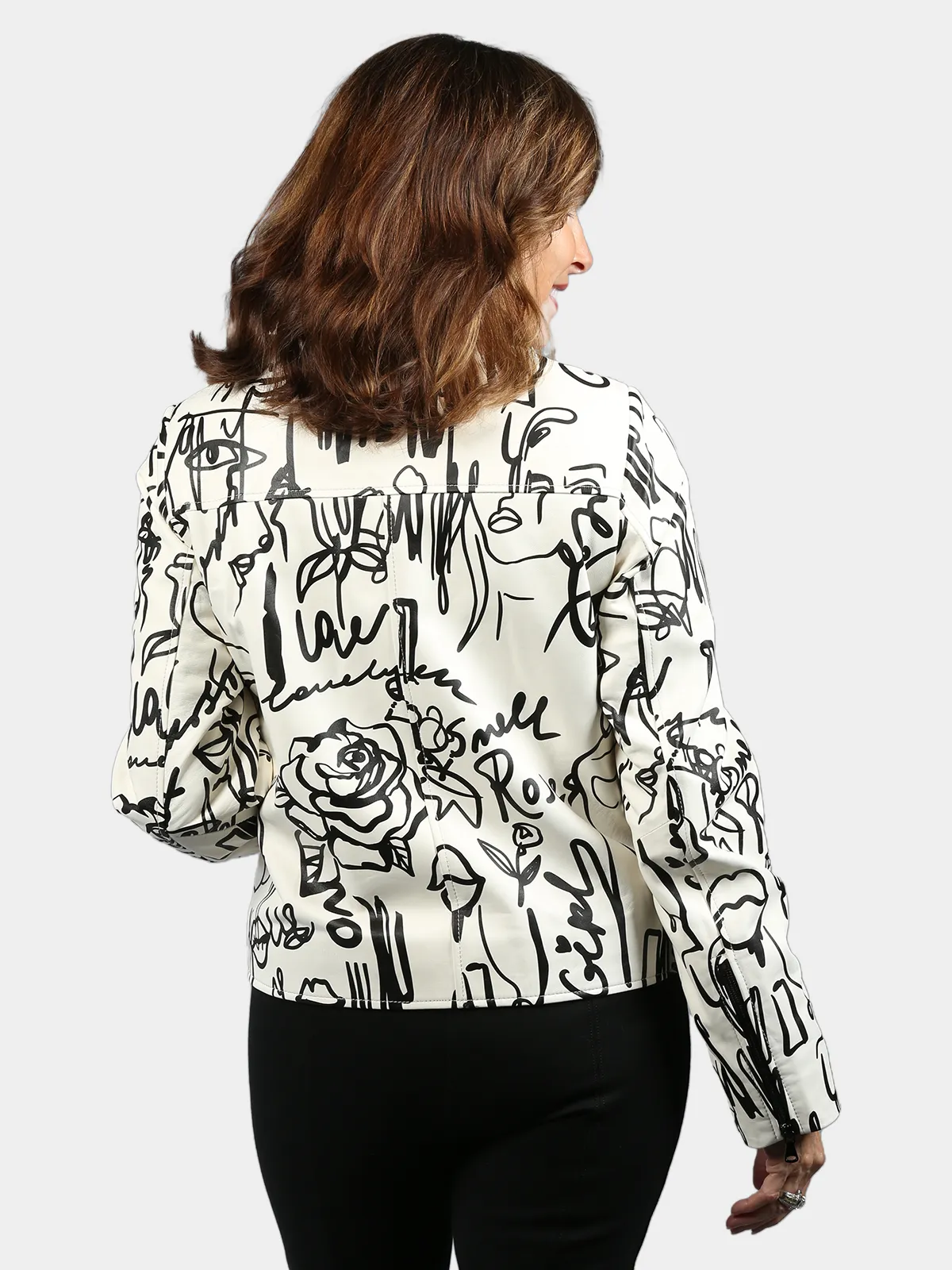 Woman's Black and Cream Scribble Pattern Moto Lambskin Leather Jacket - Day Furs