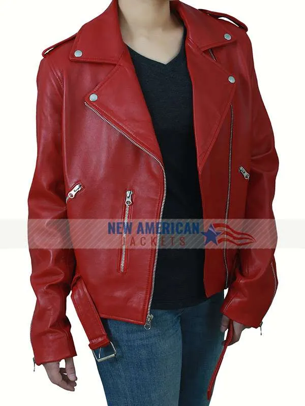 Womens Biker Style Red Moto Belted Leather Jacket