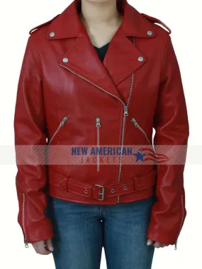 Womens Biker Style Red Moto Belted Leather Jacket