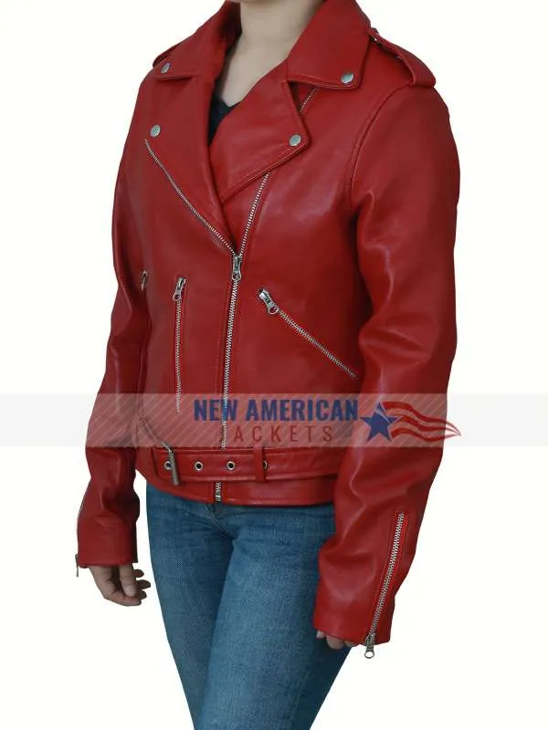 Womens Biker Style Red Moto Belted Leather Jacket