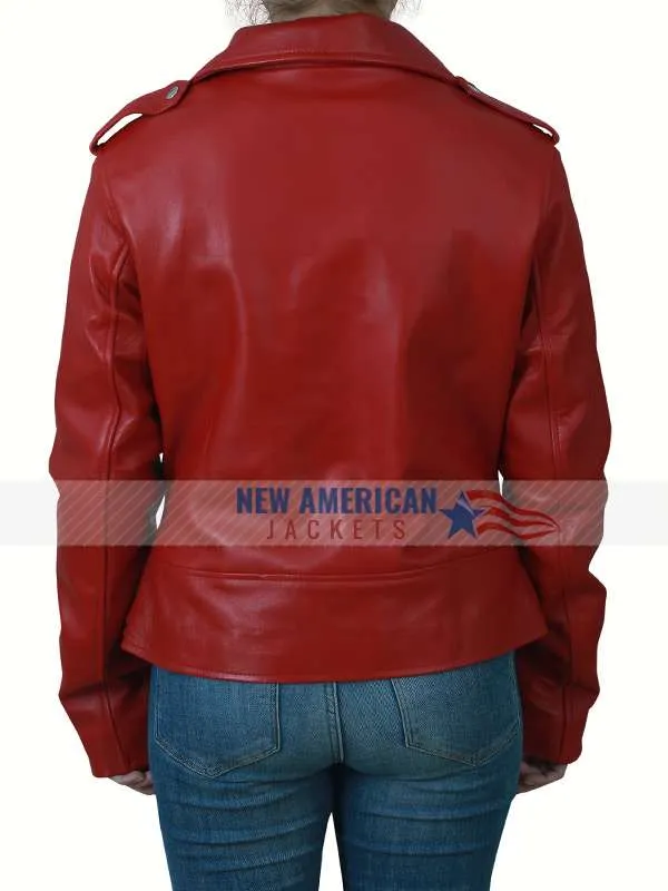 Womens Biker Style Red Moto Belted Leather Jacket