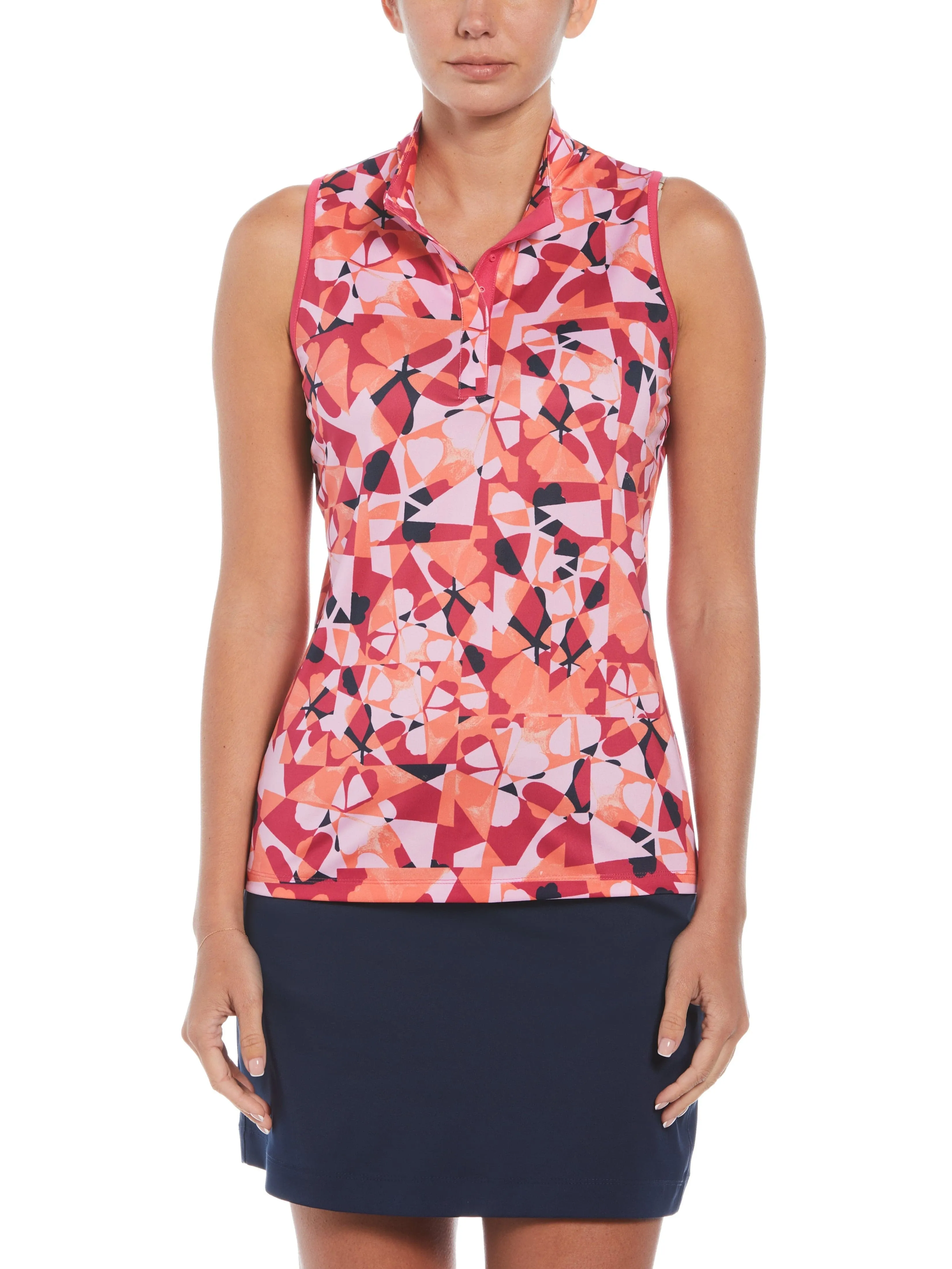 Womens Geometric Floral Print Golf Shirt with Snap Placket