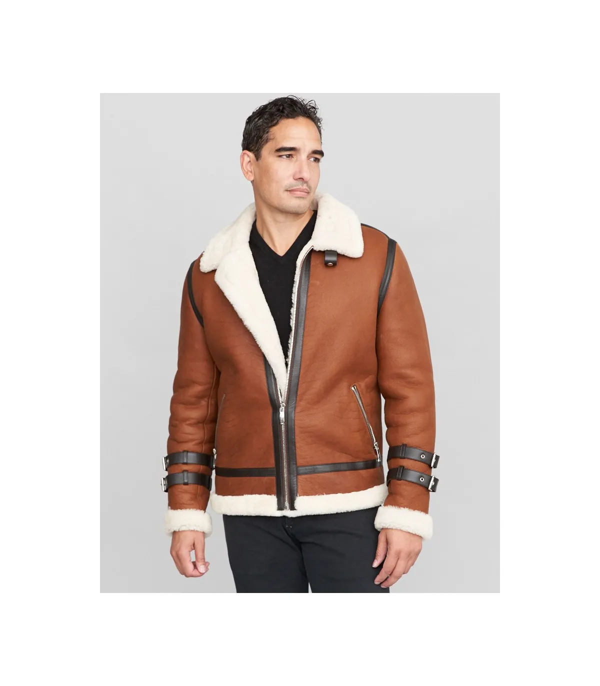 Wyatt Shearling Sheepskin Moto Jacket in Brown: FurHatWorld.com