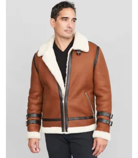 Wyatt Shearling Sheepskin Moto Jacket in Brown: FurHatWorld.com