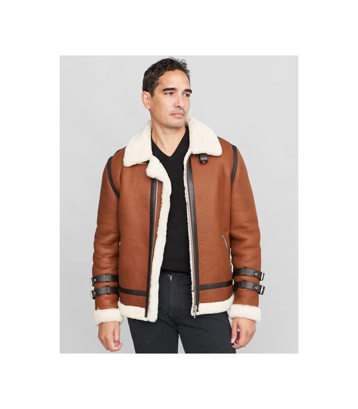 Wyatt Shearling Sheepskin Moto Jacket in Brown: FurHatWorld.com