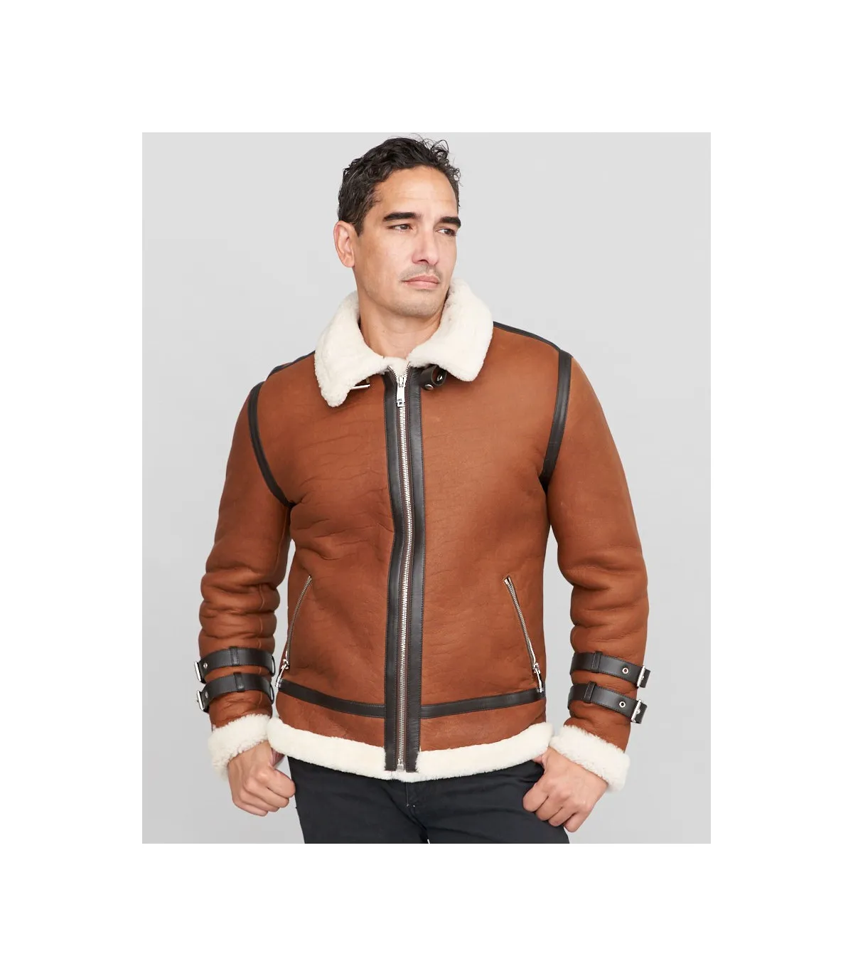 Wyatt Shearling Sheepskin Moto Jacket in Brown: FurHatWorld.com