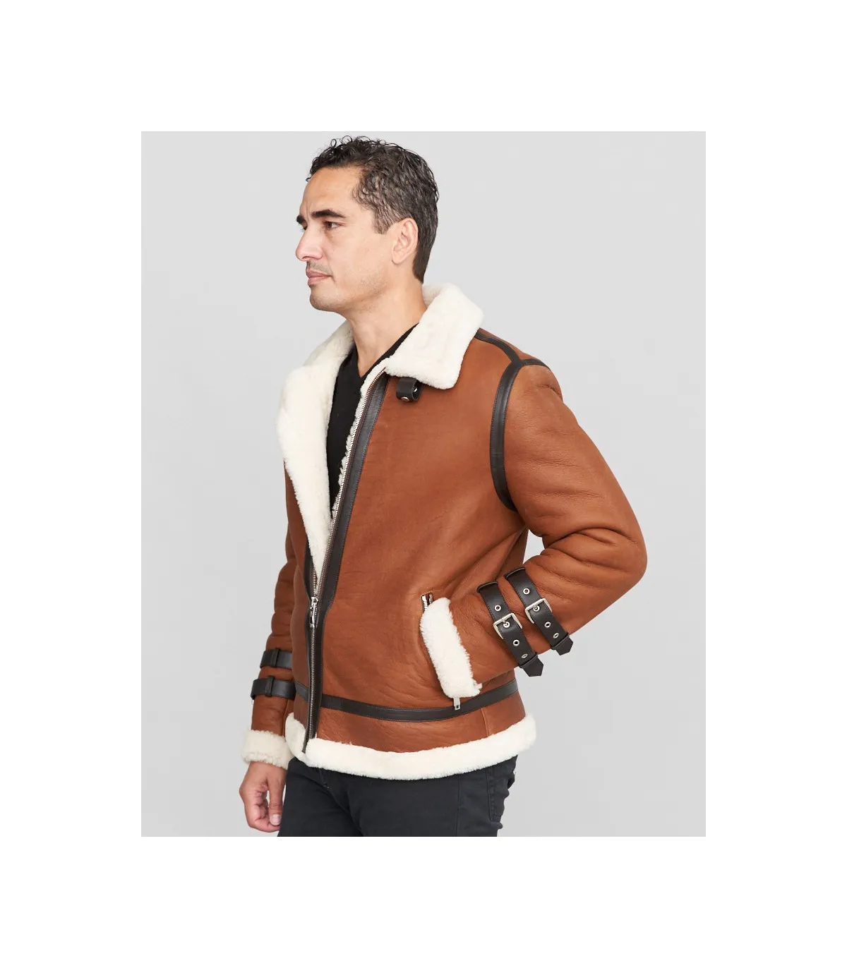 Wyatt Shearling Sheepskin Moto Jacket in Brown: FurHatWorld.com