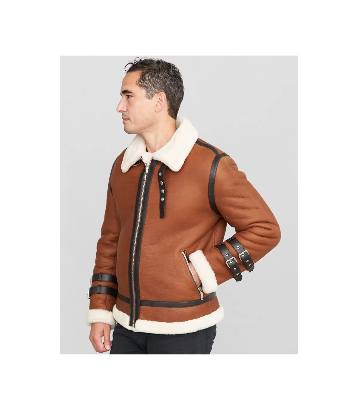 Wyatt Shearling Sheepskin Moto Jacket in Brown: FurHatWorld.com